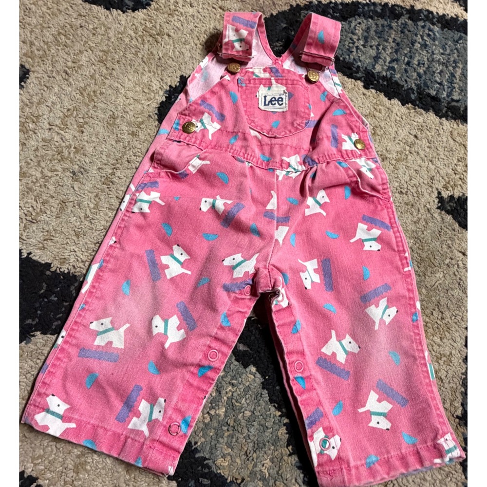 Vintage Lee Pink Dog Print Overalls Baby 12 Months Made in USA Terrier Denim